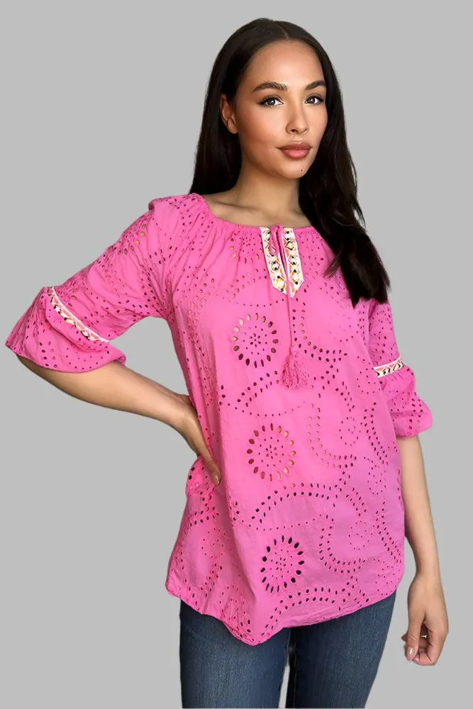 100% Cotton Hot Pink Perforated Tunic