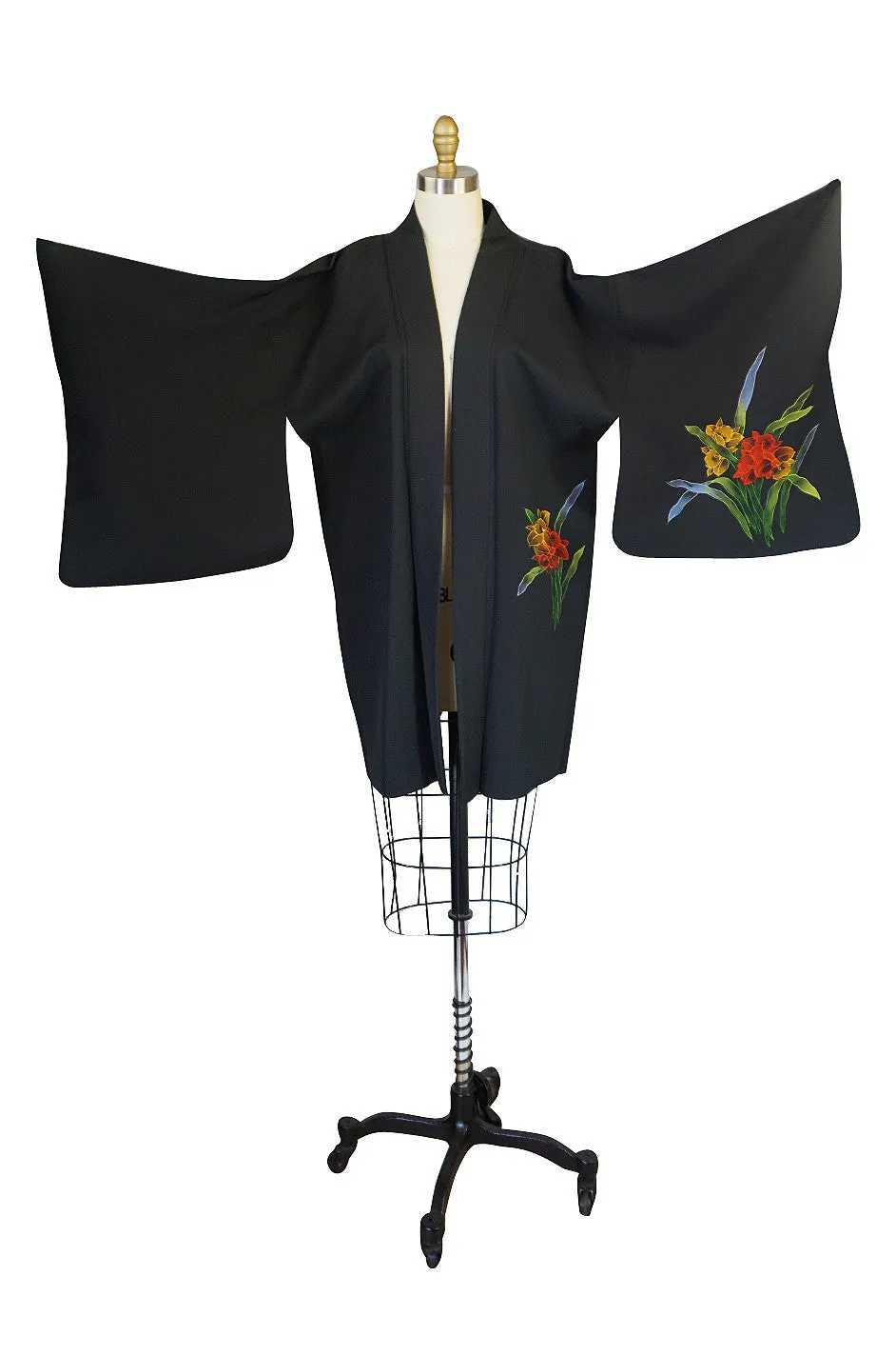 1950s Floral Hand Painted Black Silk Crepe Kimono