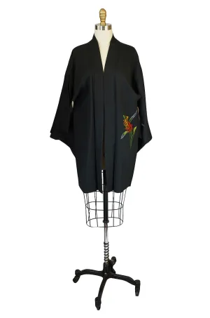 1950s Floral Hand Painted Black Silk Crepe Kimono