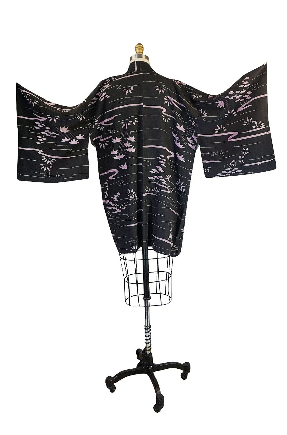 1950s Lavender Flower on Black Silk Kimono