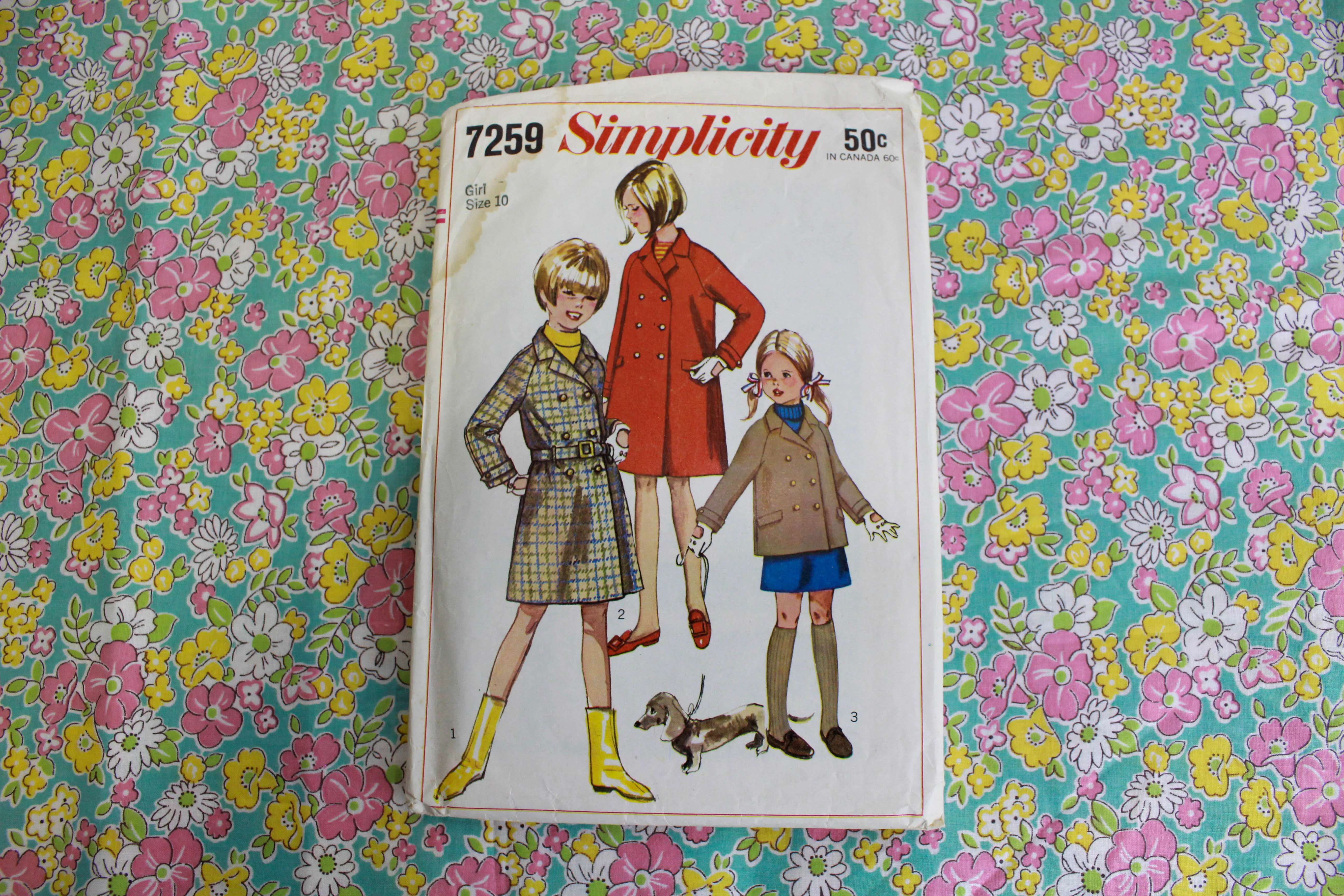 1960s Children's Coat Sewing Pattern Simplicity 7259, Complete, Girls' Jacket or Coat Vintage Double Breasted Coat Chest 28"