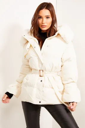 Angelina Cream Padded Faux Fur Belted Coat