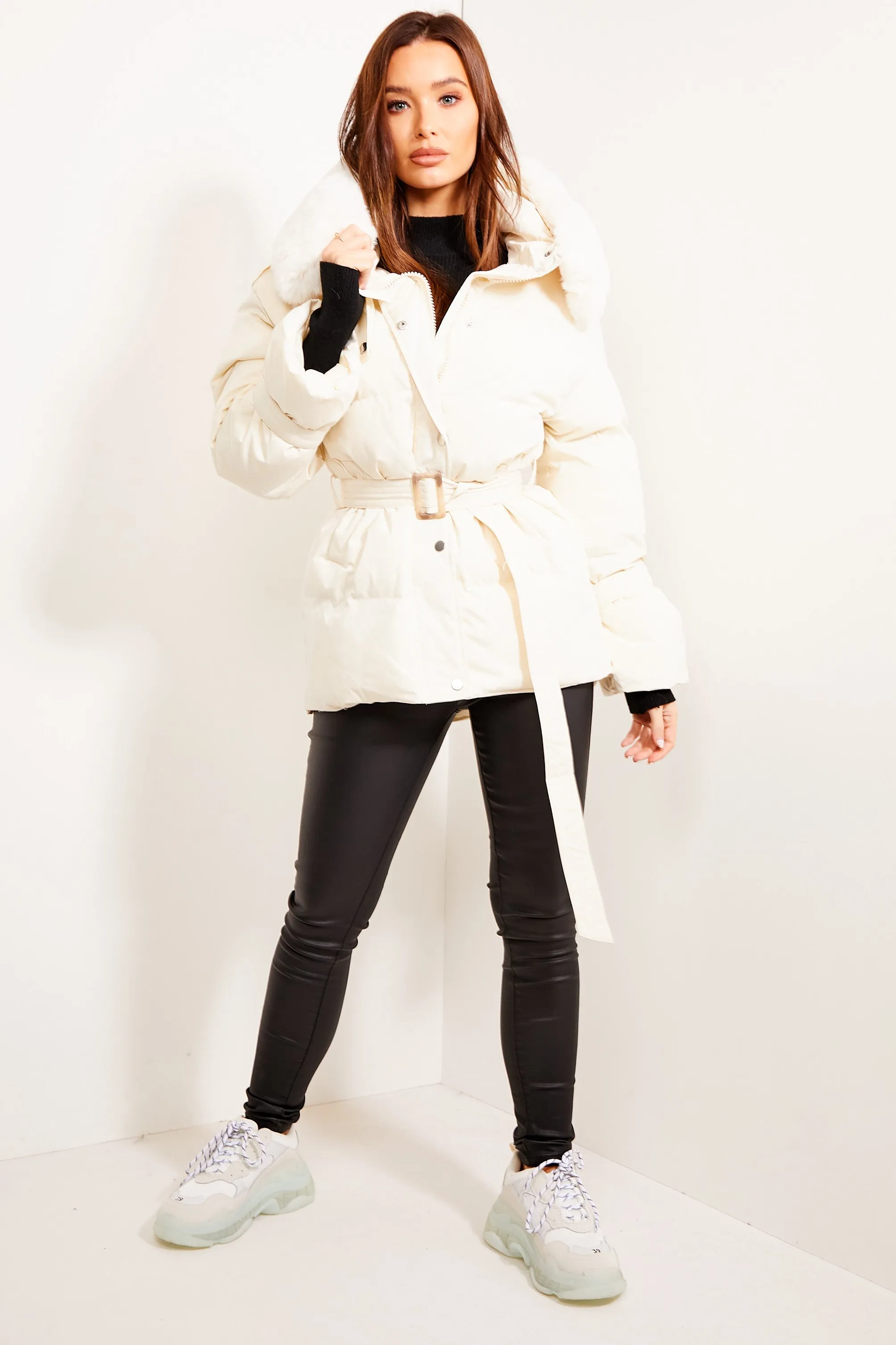 Angelina Cream Padded Faux Fur Belted Coat