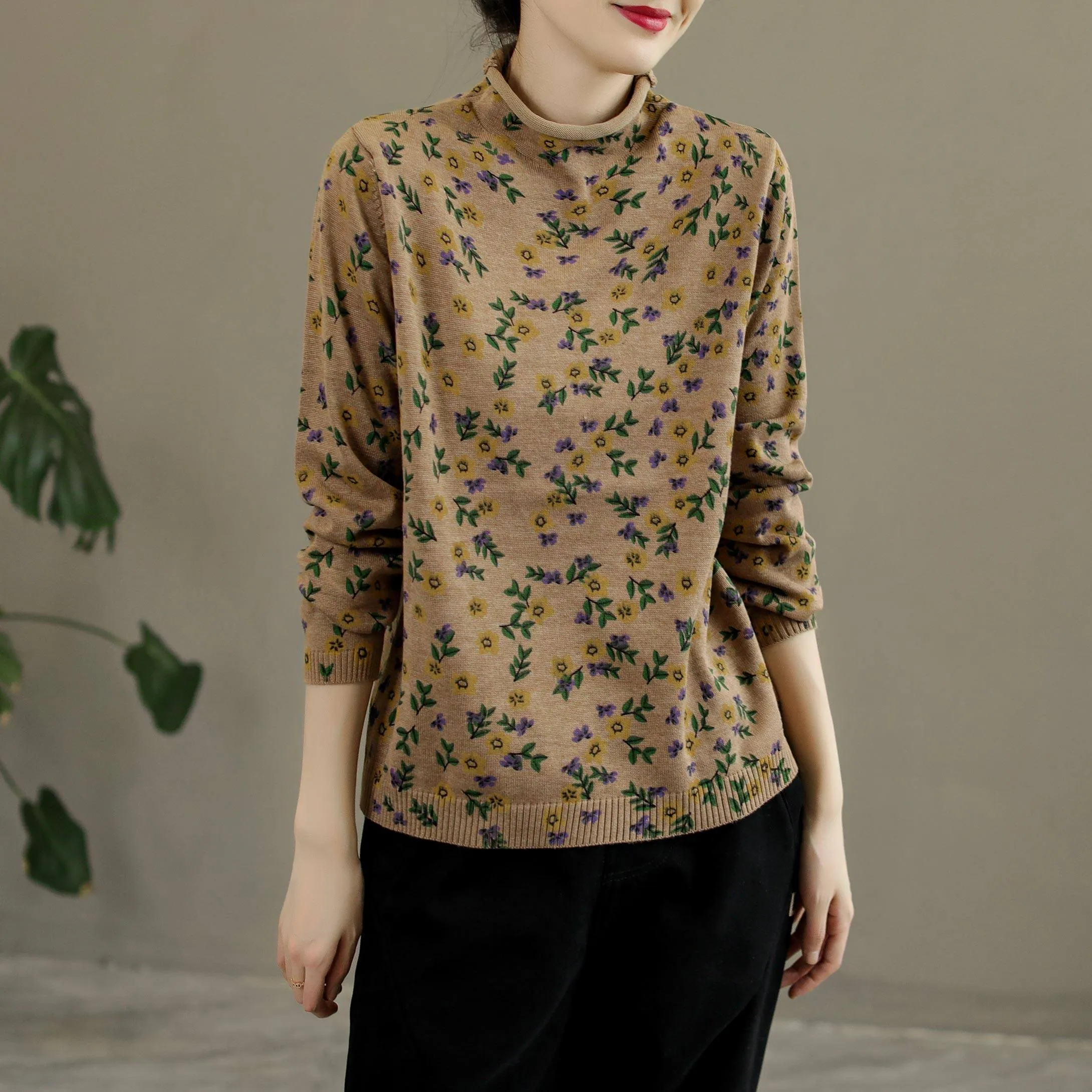 Autumn Retro Floral Turtleneck Cotton Knitted Sweater