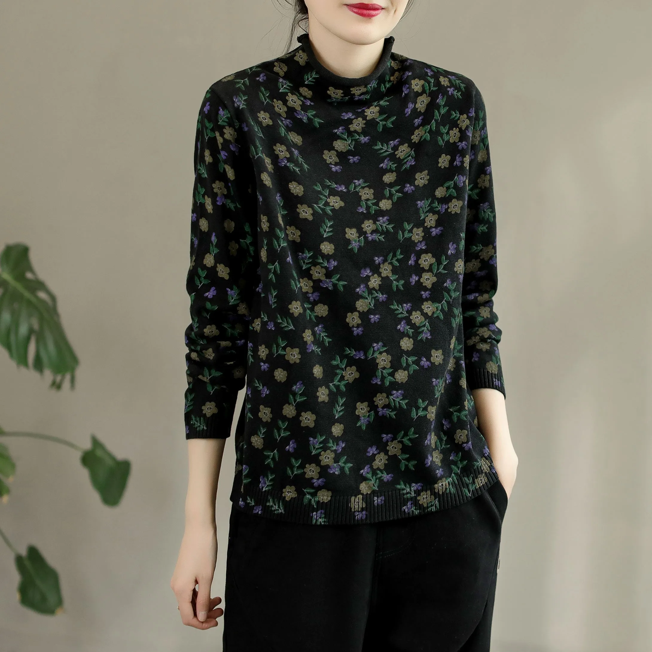 Autumn Retro Floral Turtleneck Cotton Knitted Sweater