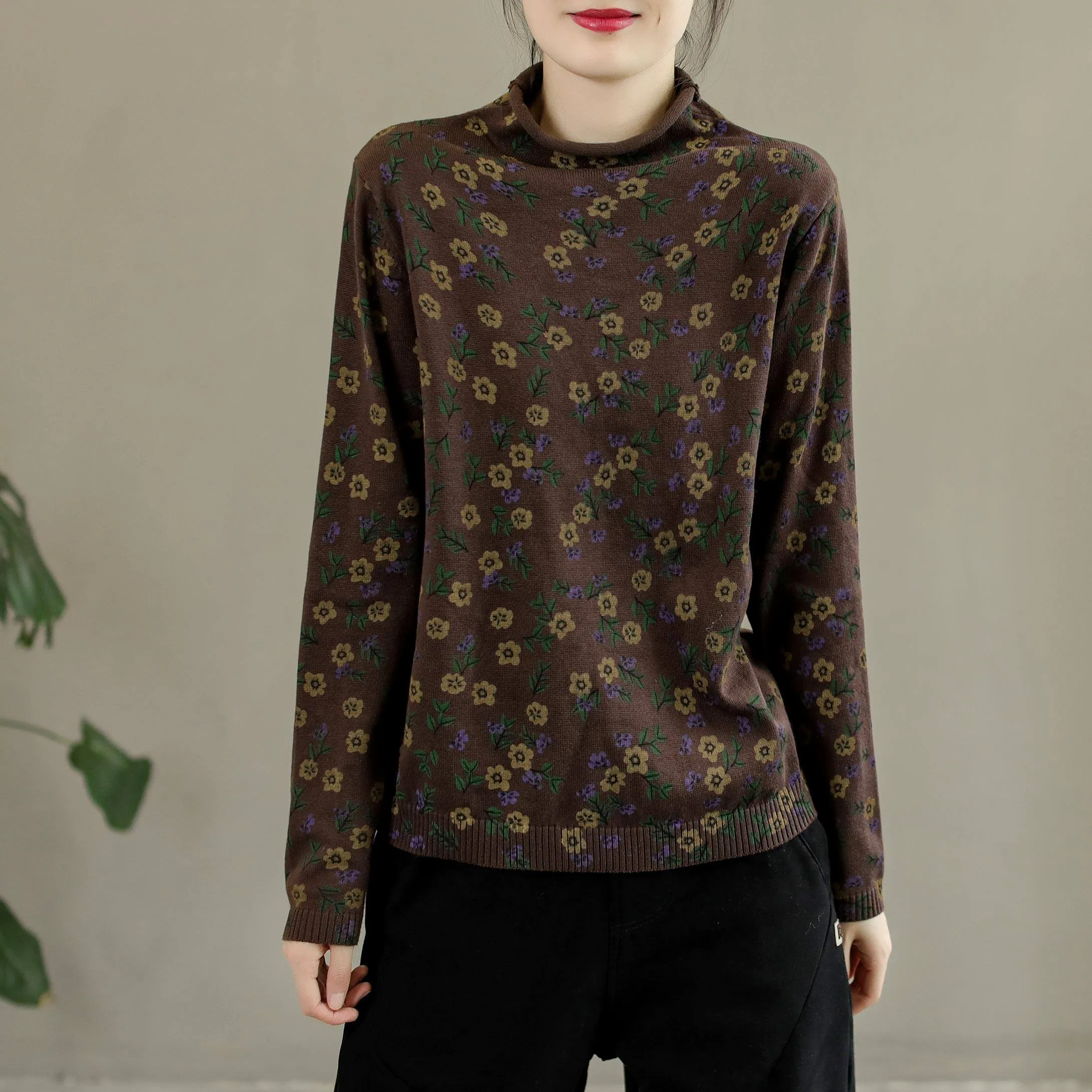 Autumn Retro Floral Turtleneck Cotton Knitted Sweater