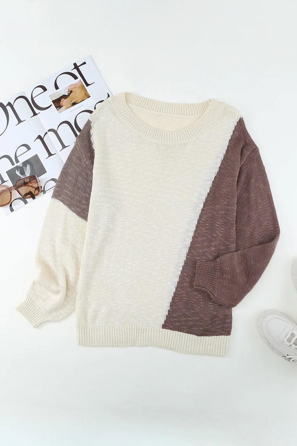 Beige Color Block Knitted Sweater