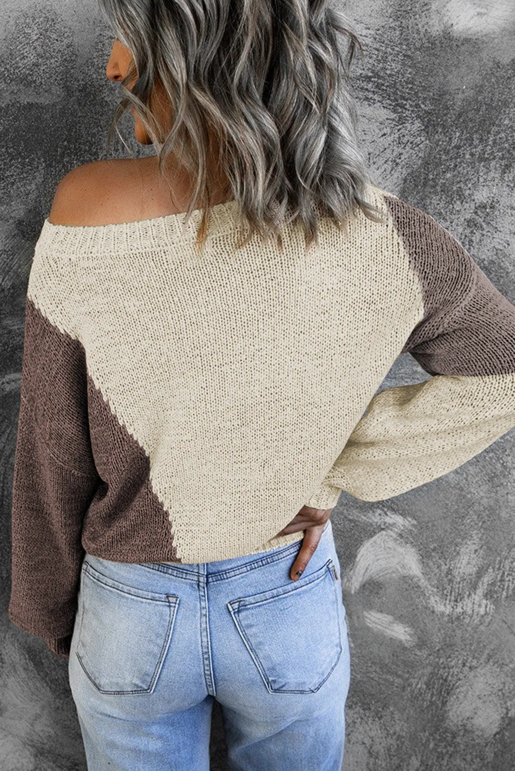 Beige Color Block Knitted Sweater