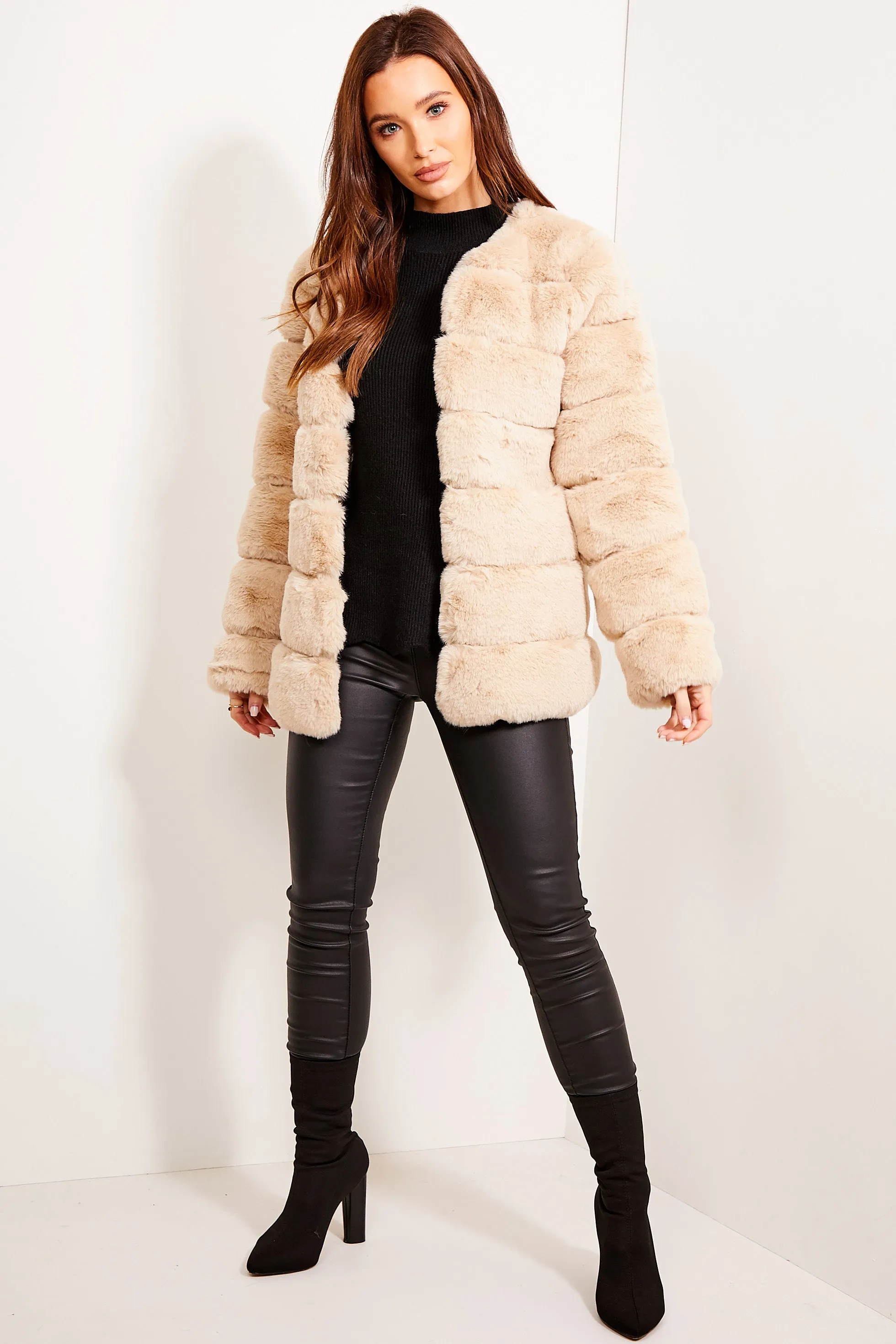 Beige Faux Fur Panelled Coat