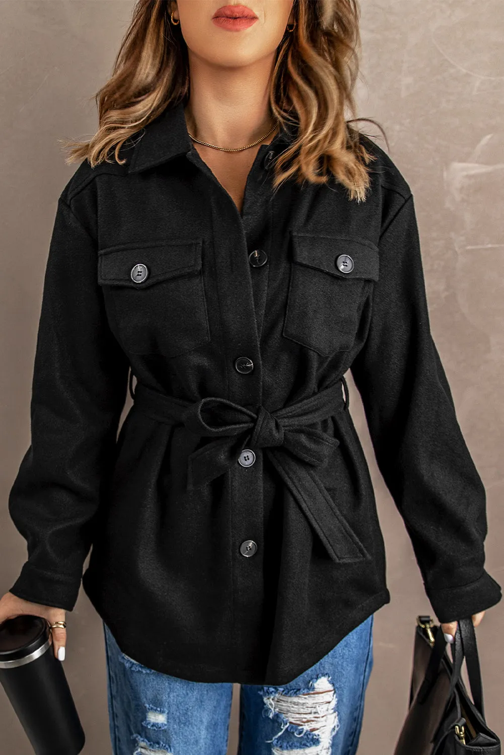 Black Lapel Button-Down Coat