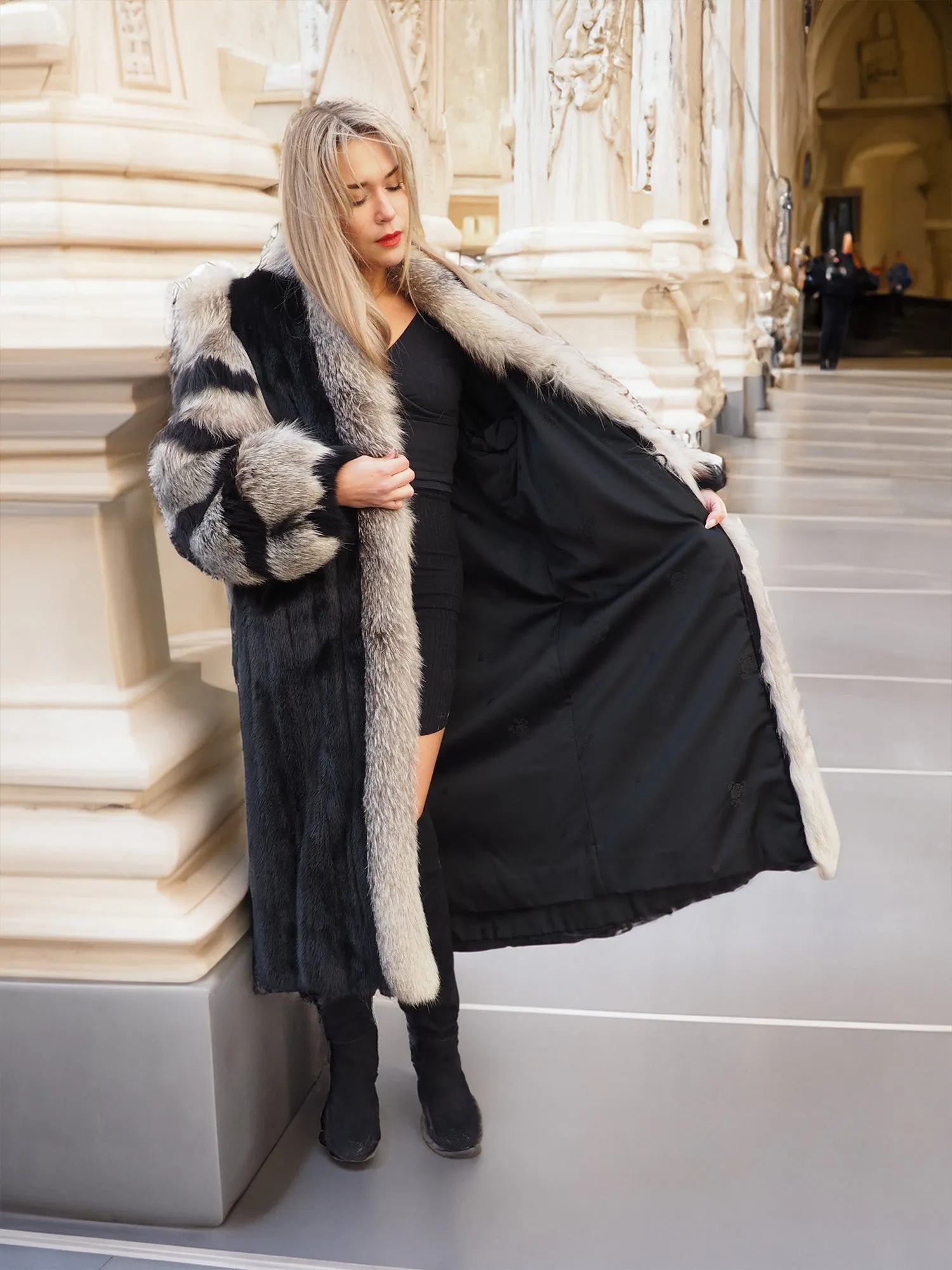 Black Mink Coat With Indigo fox Sleeves And Collar M/L