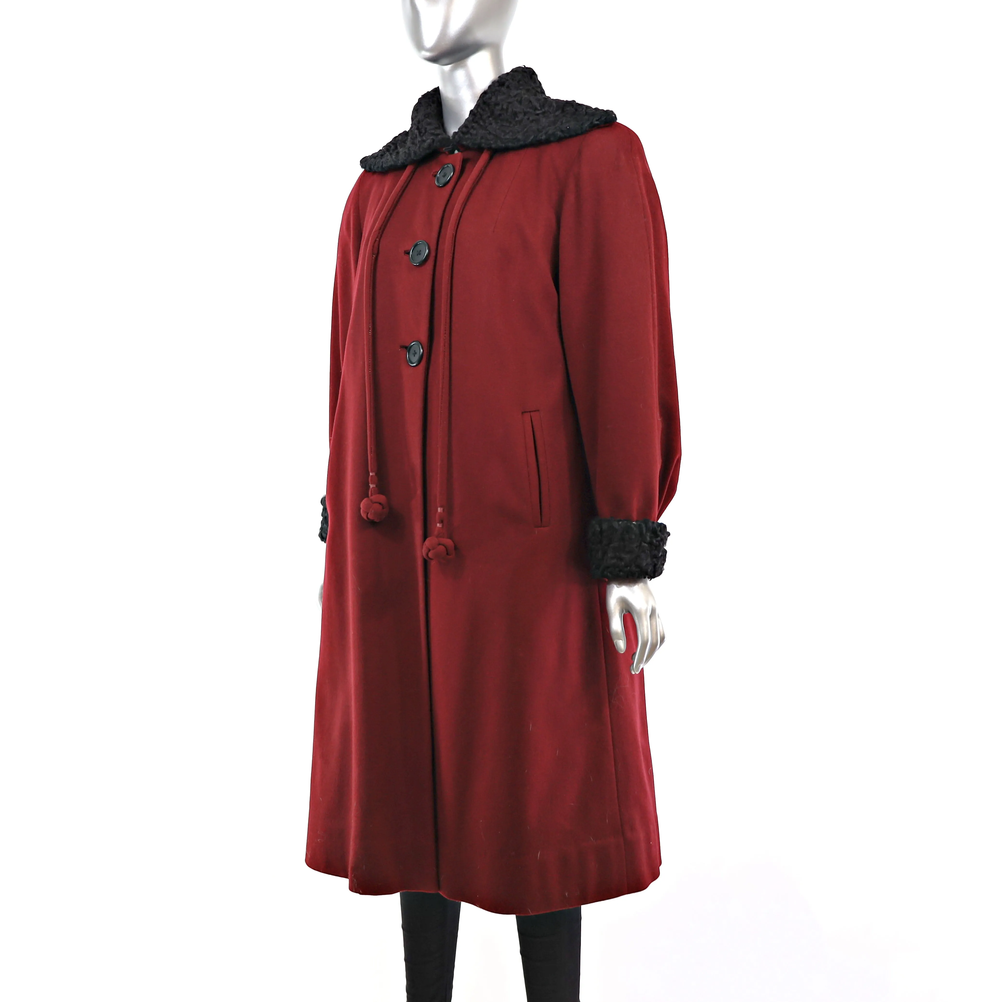 Burgundy Wool Coat with Persian Lamb Trim- Size L