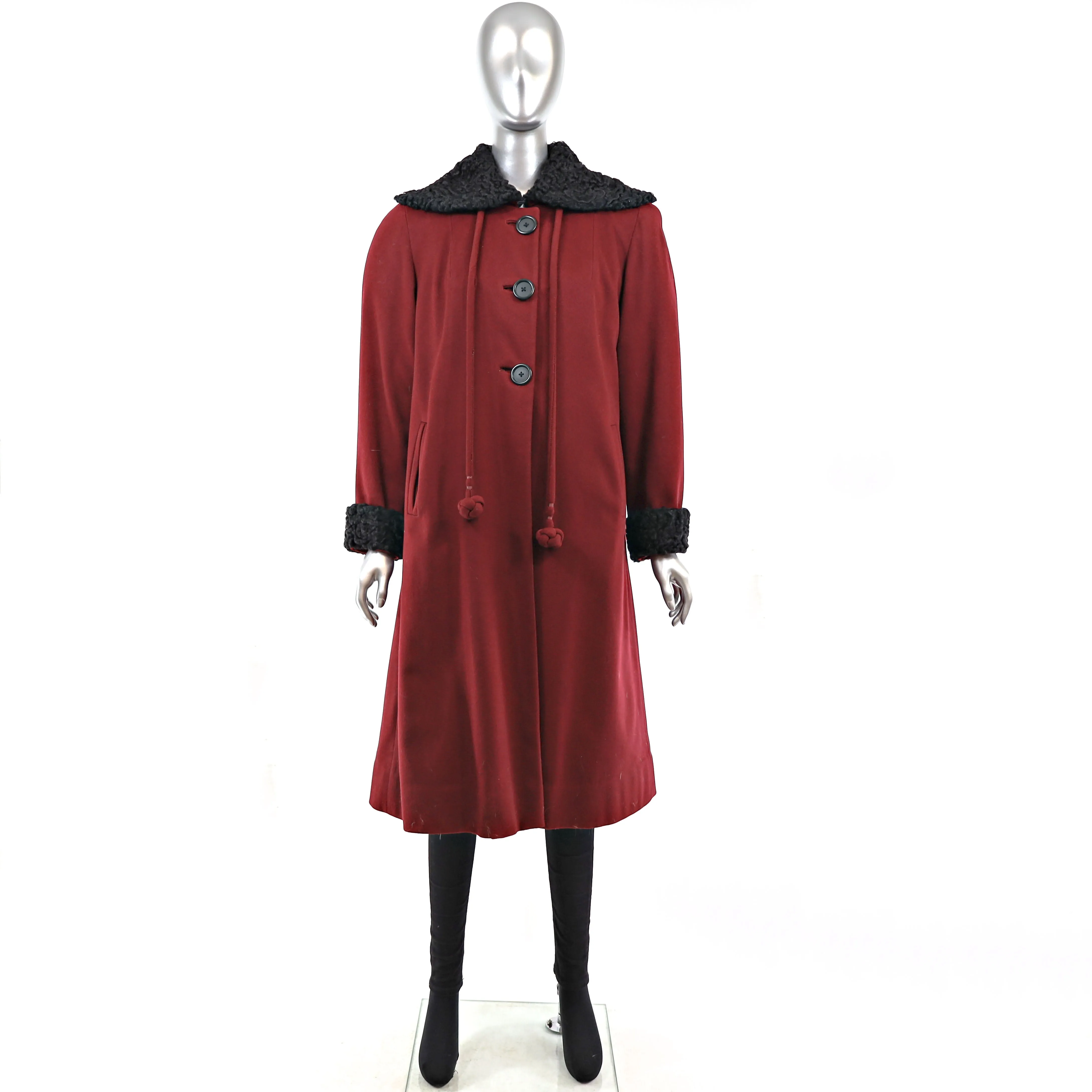 Burgundy Wool Coat with Persian Lamb Trim- Size L