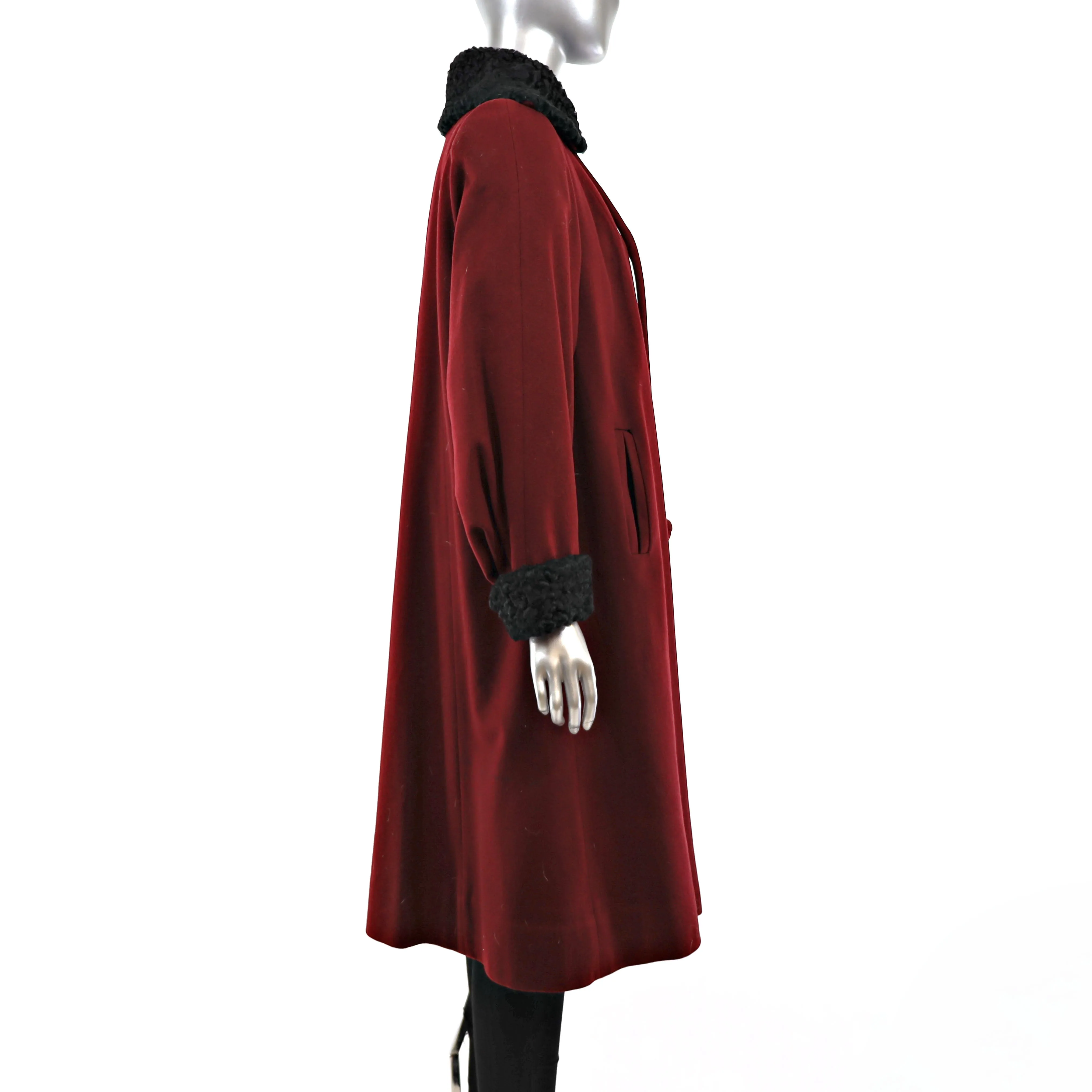 Burgundy Wool Coat with Persian Lamb Trim- Size L