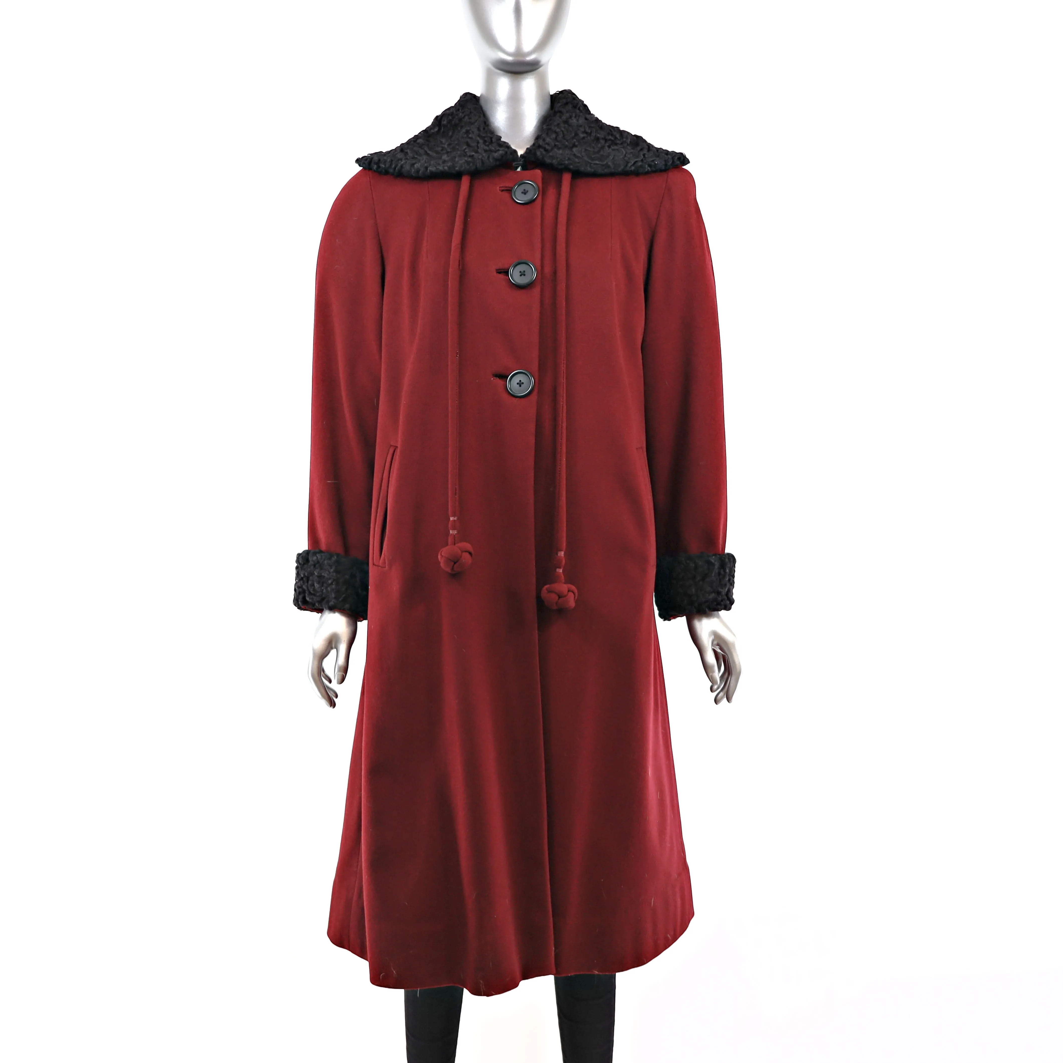 Burgundy Wool Coat with Persian Lamb Trim- Size L