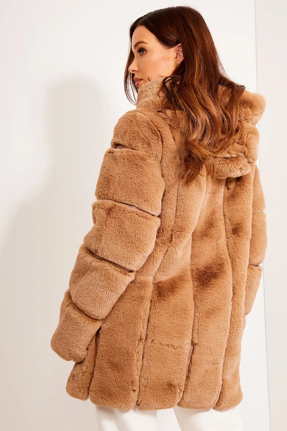 Camel Faux Fur Panelled Hooded Longline Coat