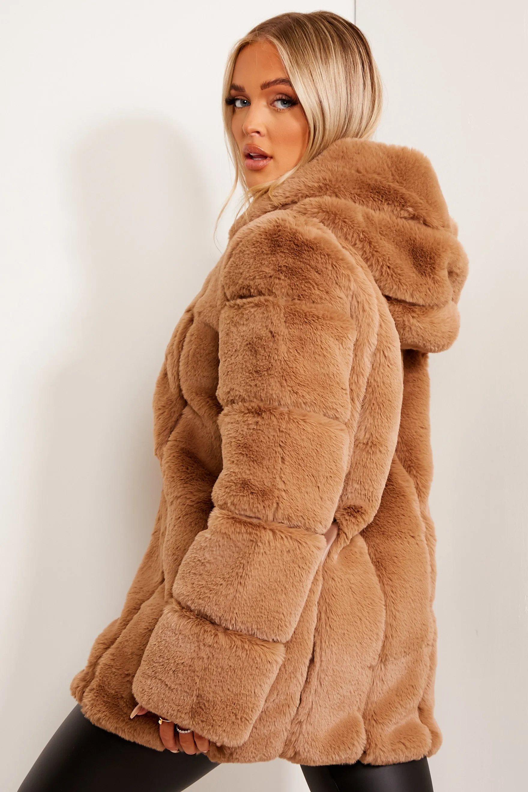 Camel Faux Fur Panelled Hooded Longline Coat