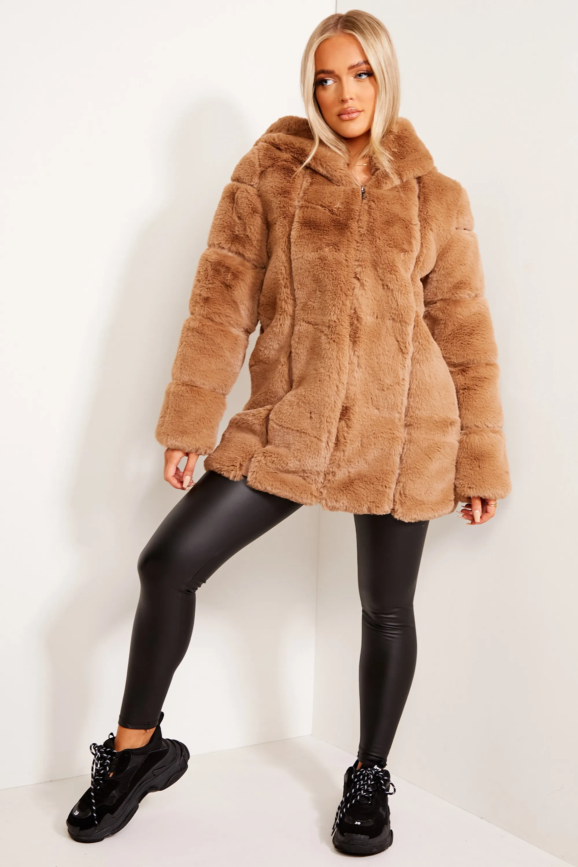 Camel Faux Fur Panelled Hooded Longline Coat