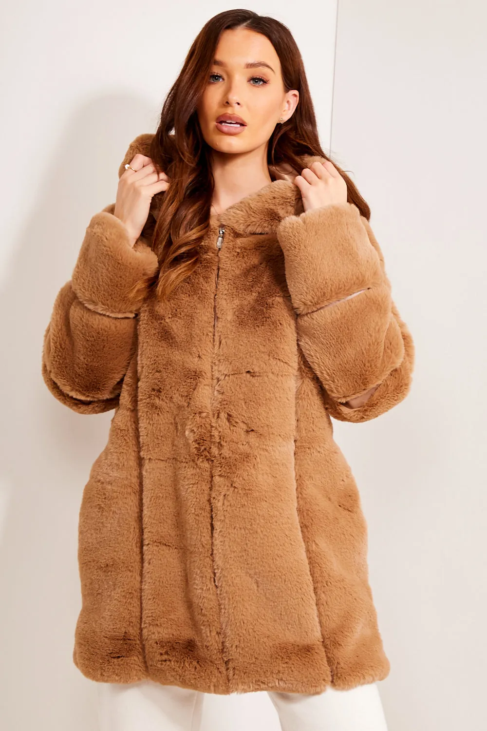 Camel Faux Fur Panelled Hooded Longline Coat