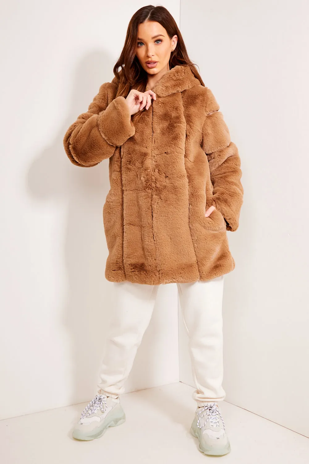 Camel Faux Fur Panelled Hooded Longline Coat