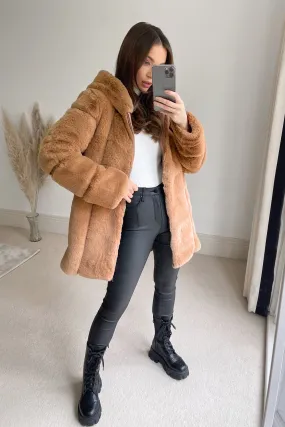 Camel Faux Fur Panelled Hooded Longline Coat