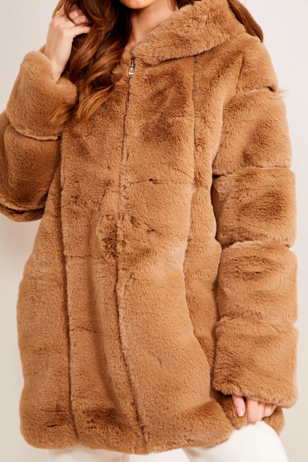 Camel Faux Fur Panelled Hooded Longline Coat