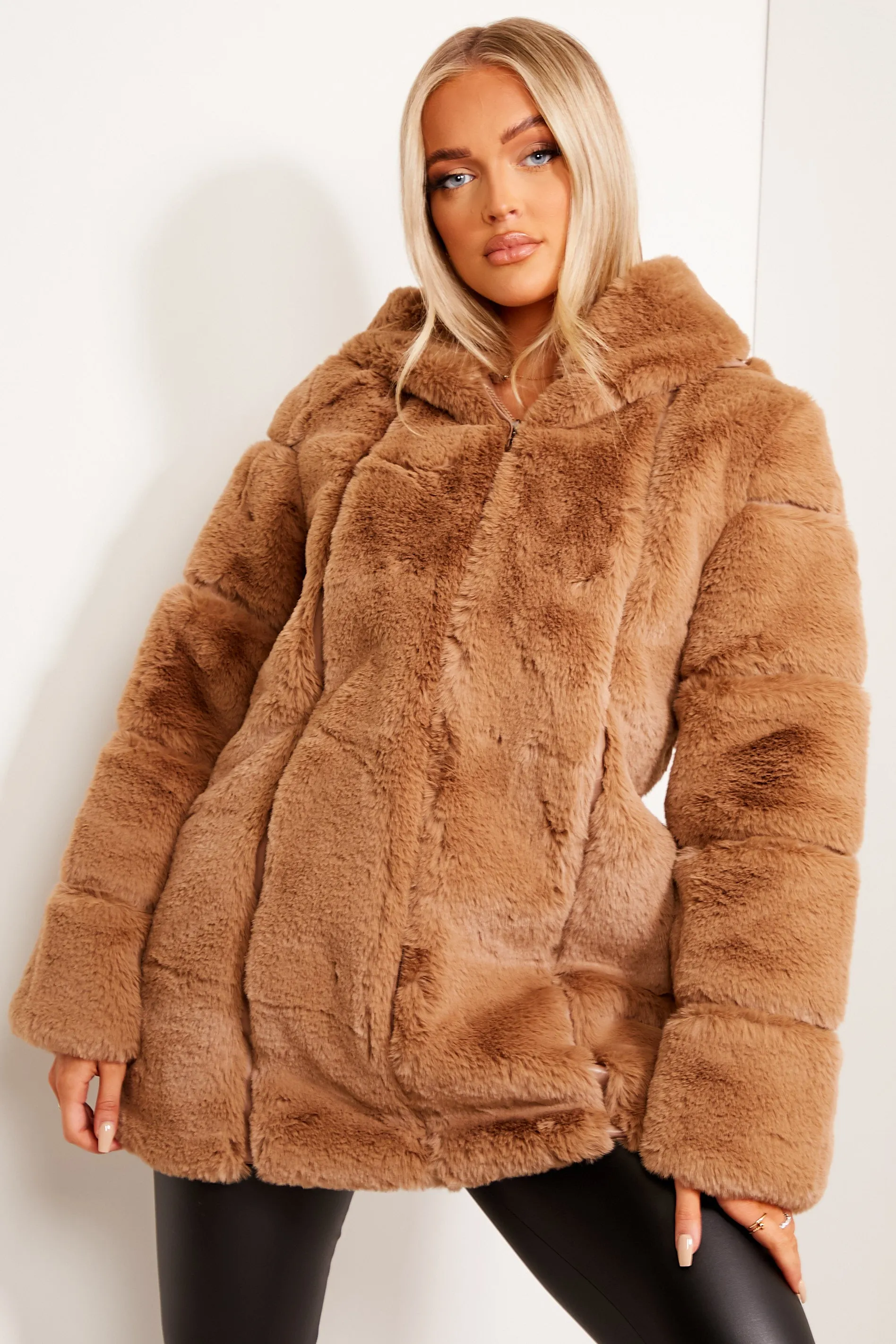 Camel Faux Fur Panelled Hooded Longline Coat