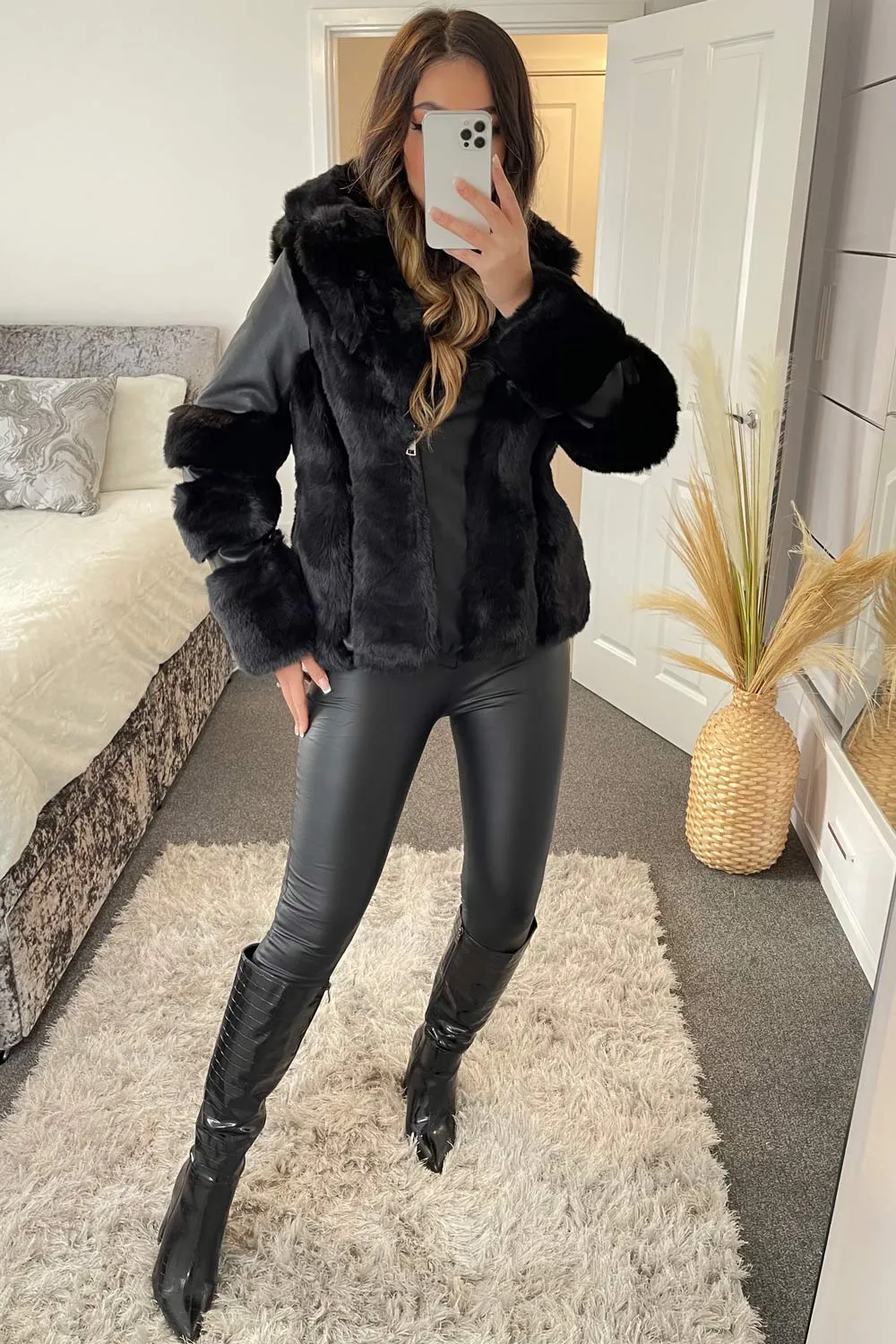 Carmel Black PU Faux Leather Faux Fur Coat