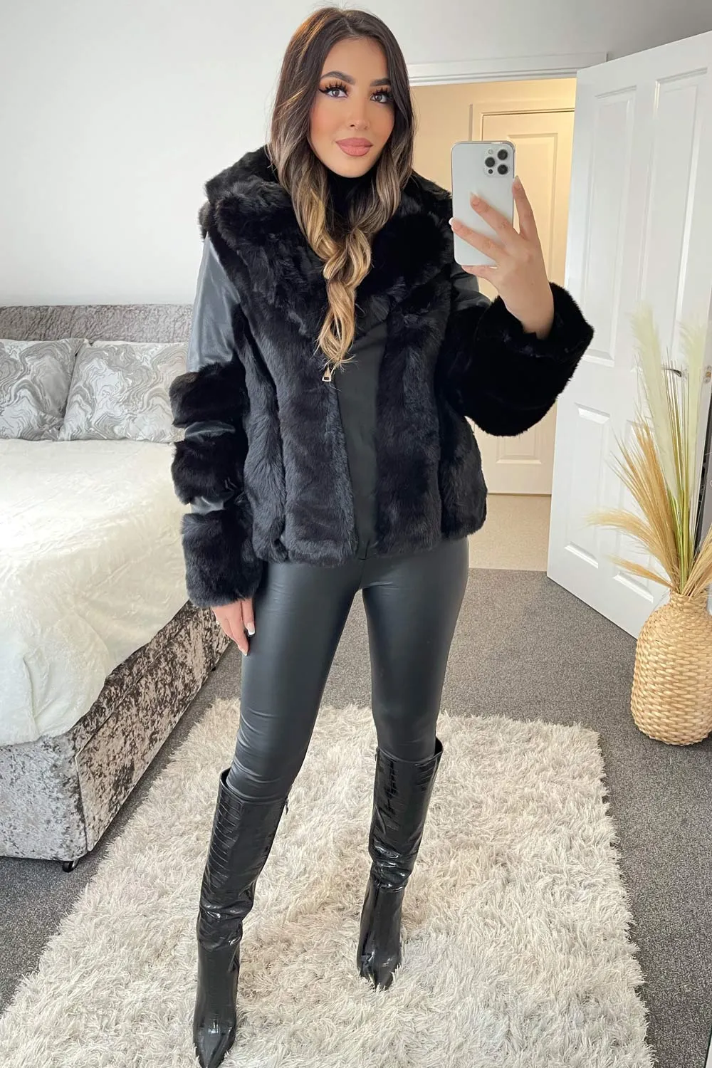 Carmel Black PU Faux Leather Faux Fur Coat