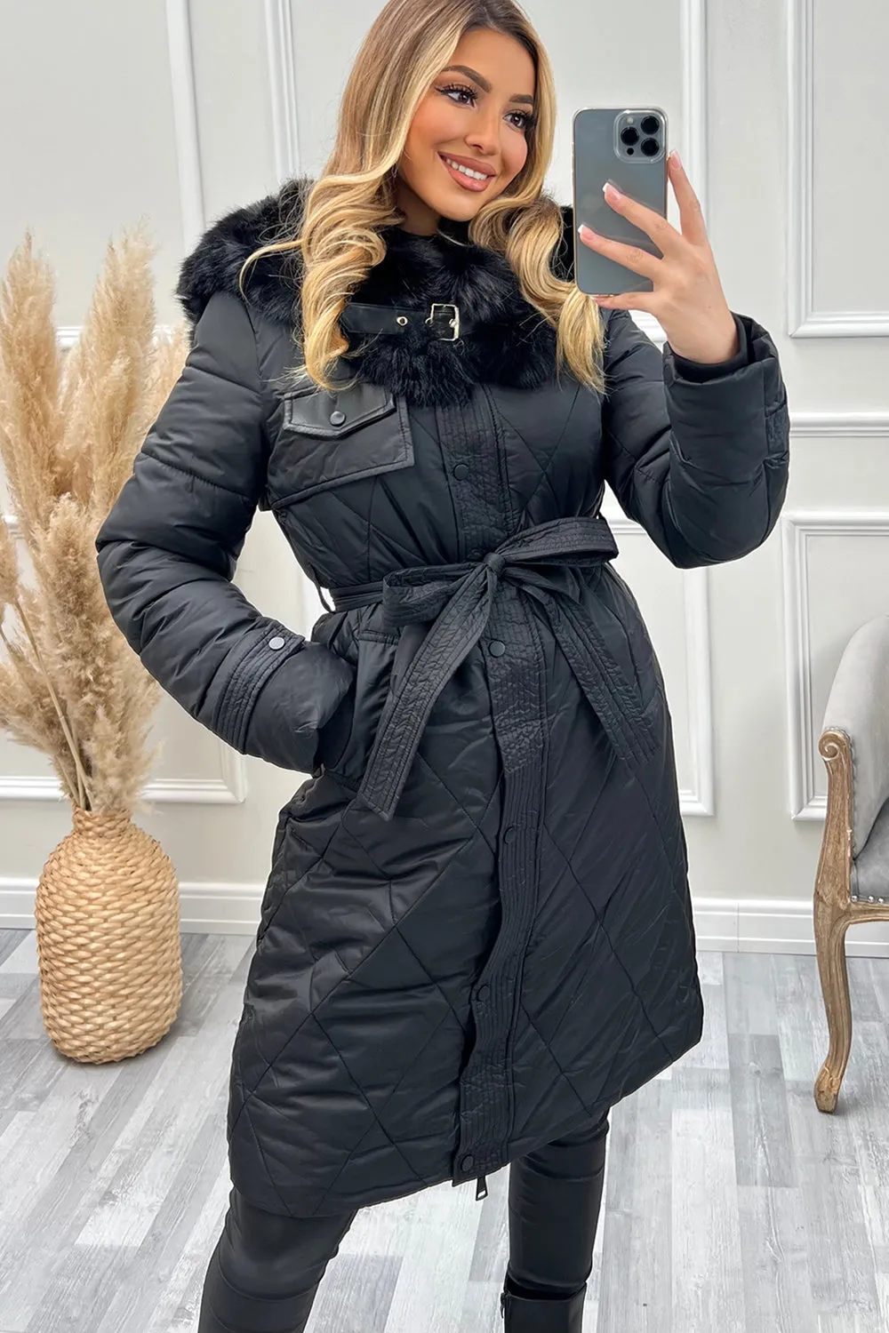 Carmen Black Quilted Faux Fur Longline Belted Puffer Coat