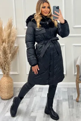 Carmen Black Quilted Faux Fur Longline Belted Puffer Coat