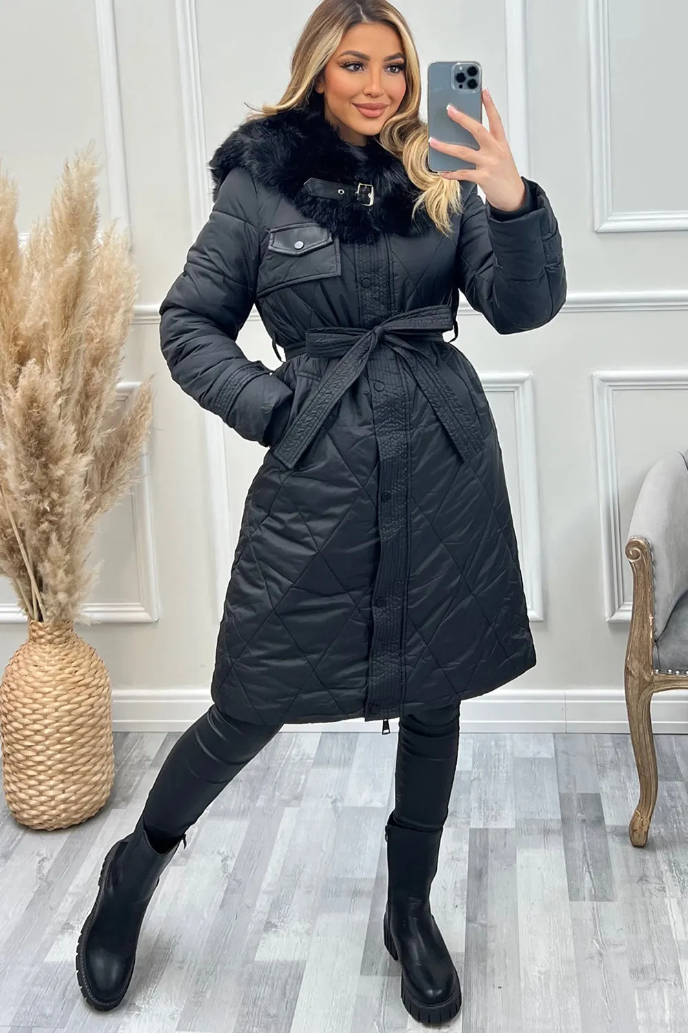 Carmen Black Quilted Faux Fur Longline Belted Puffer Coat