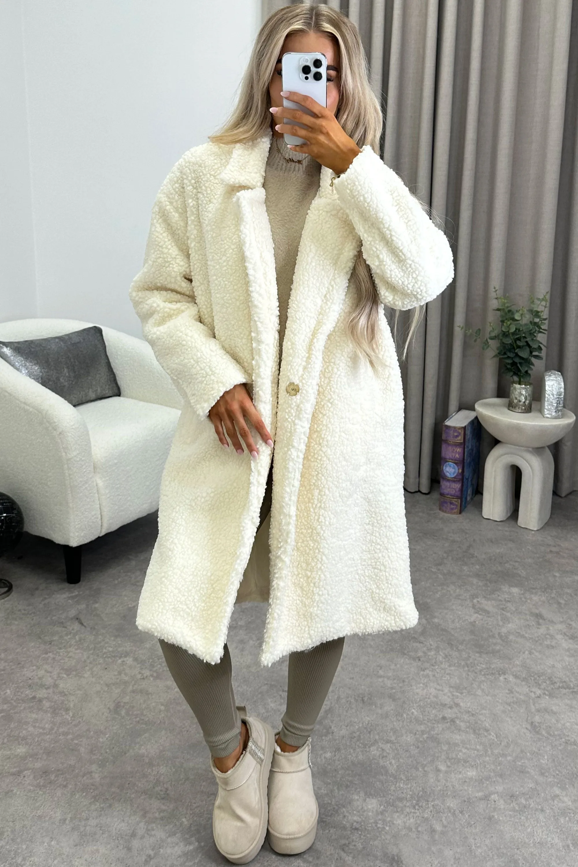 Chanda Cream Teddy Borg Button Up Longline Coat