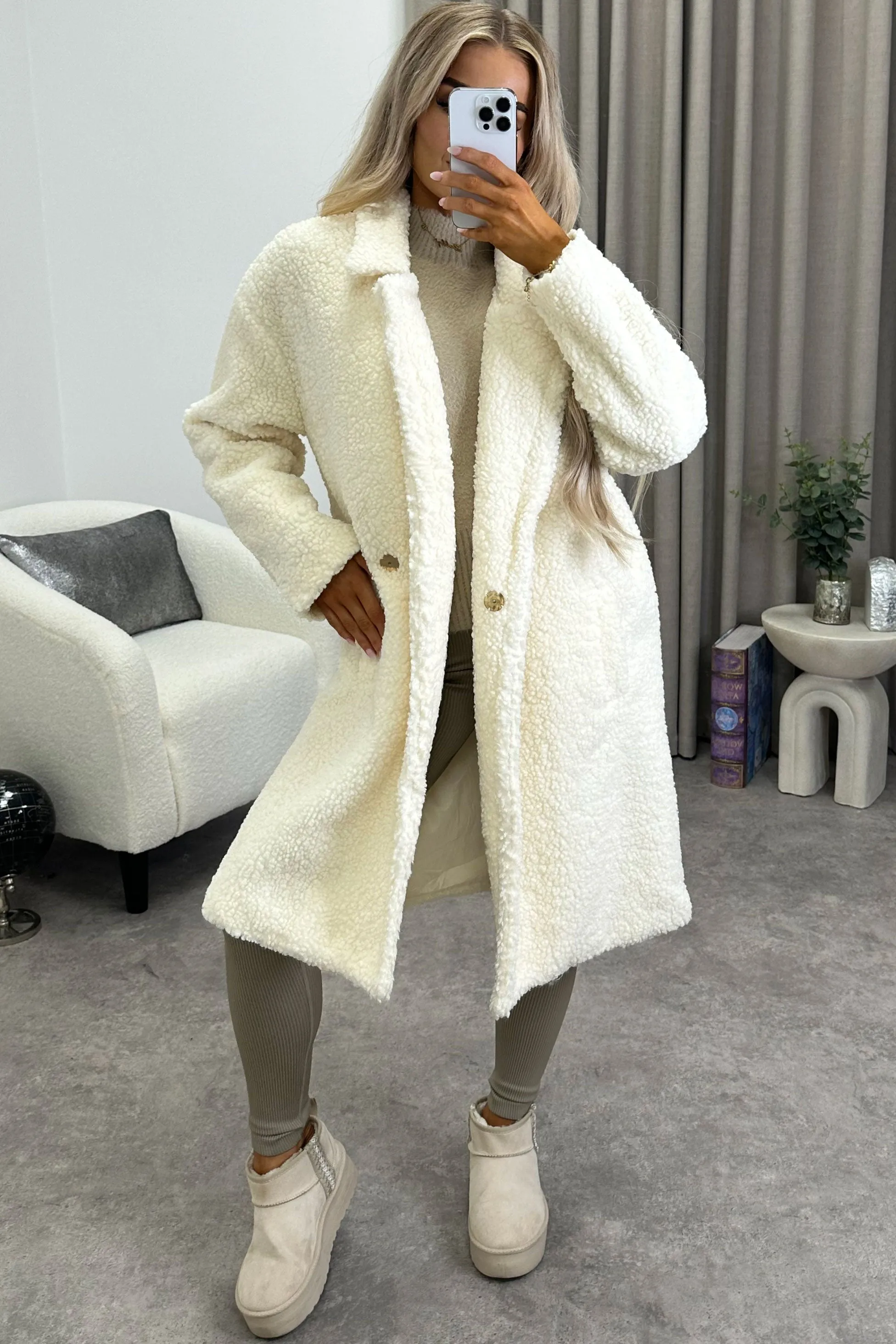 Chanda Cream Teddy Borg Button Up Longline Coat