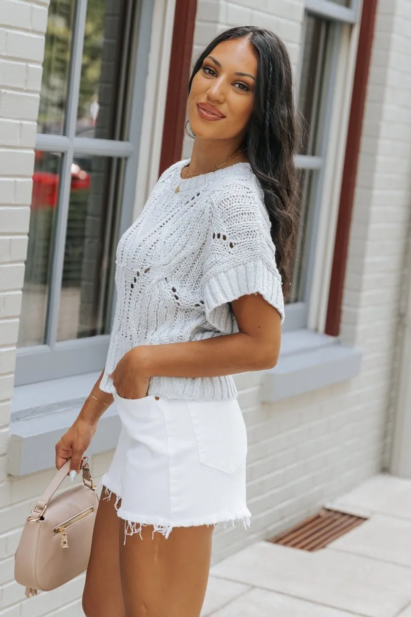 Crochet Detail Short Sleeve Sweater - Light Blue - FINAL SALE