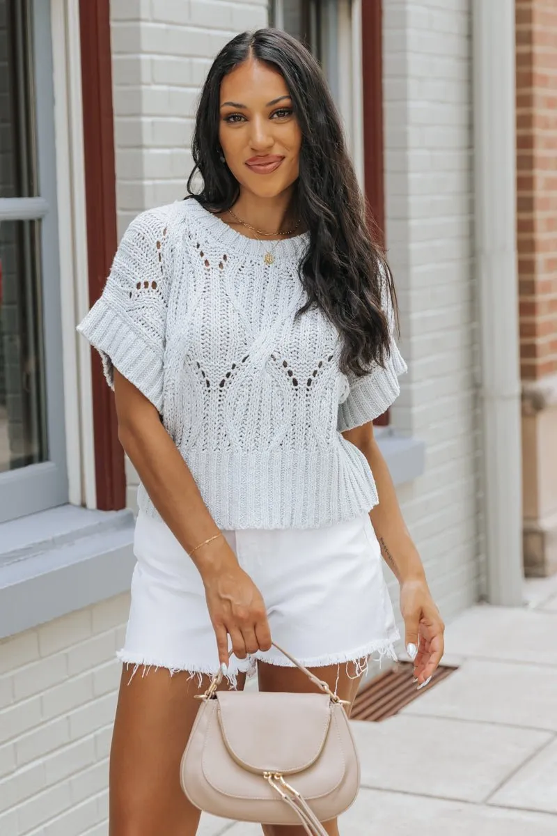 Crochet Detail Short Sleeve Sweater - Light Blue - FINAL SALE