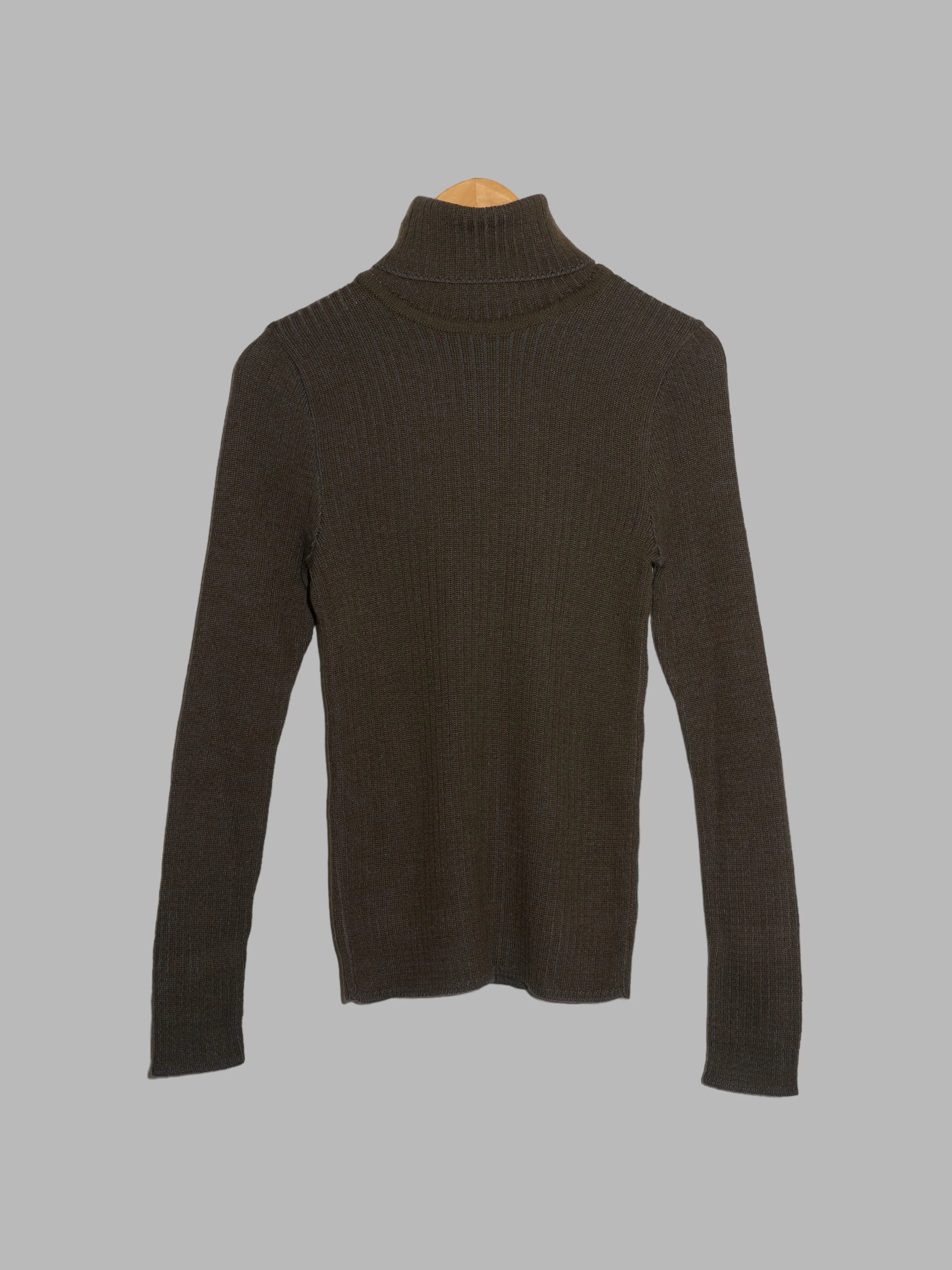 Dirk Bikkembergs Vintage Khaki Wool Ribbed Knit Turtleneck, Small/XS - 1990s/2000s