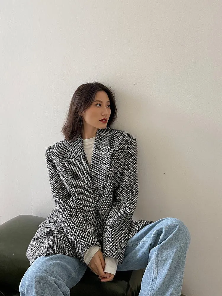 Double Breasted Tweed Wool Blazer Suit Coat