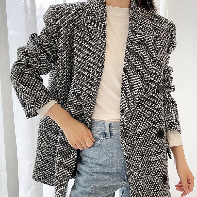 Double Breasted Tweed Wool Blazer Suit Coat