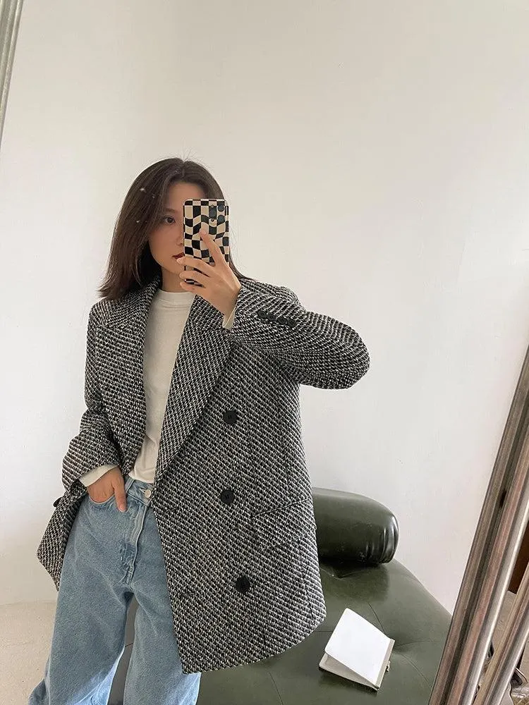 Double Breasted Tweed Wool Blazer Suit Coat