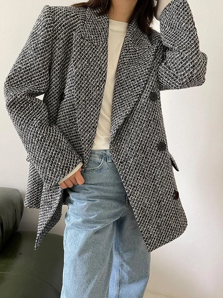 Double Breasted Tweed Wool Blazer Suit Coat