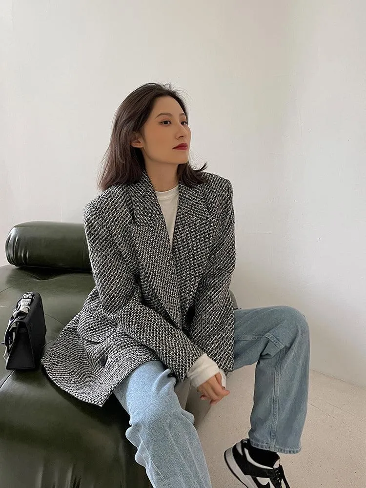 Double Breasted Tweed Wool Blazer Suit Coat