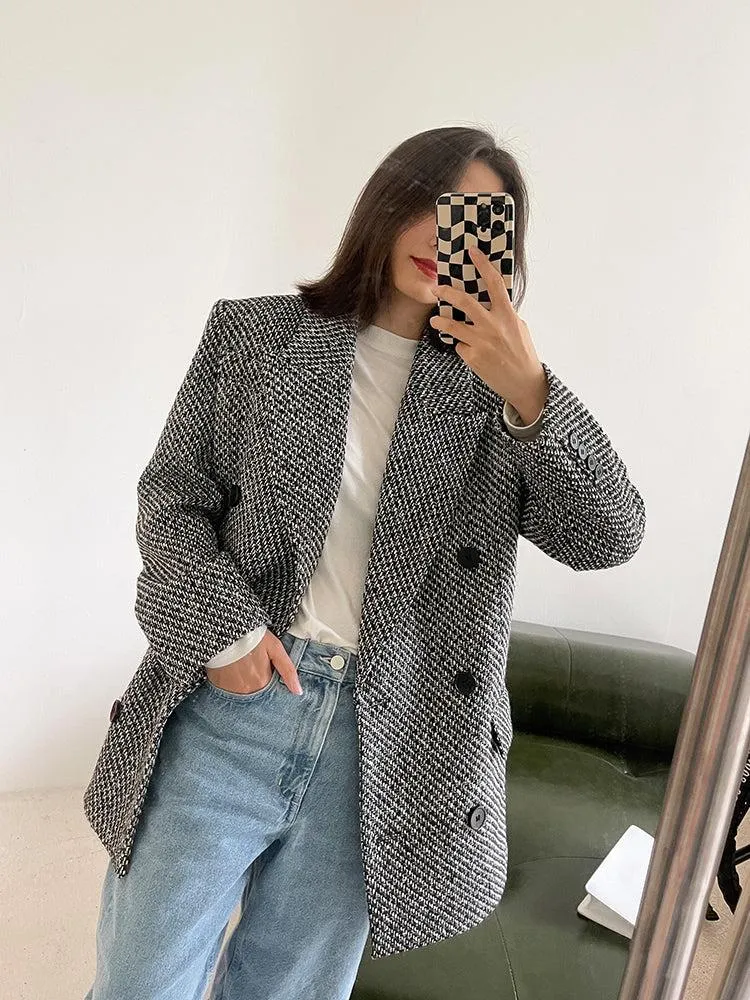 Double Breasted Tweed Wool Blazer Suit Coat