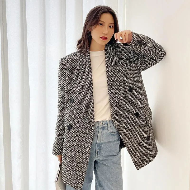 Double Breasted Tweed Wool Blazer Suit Coat