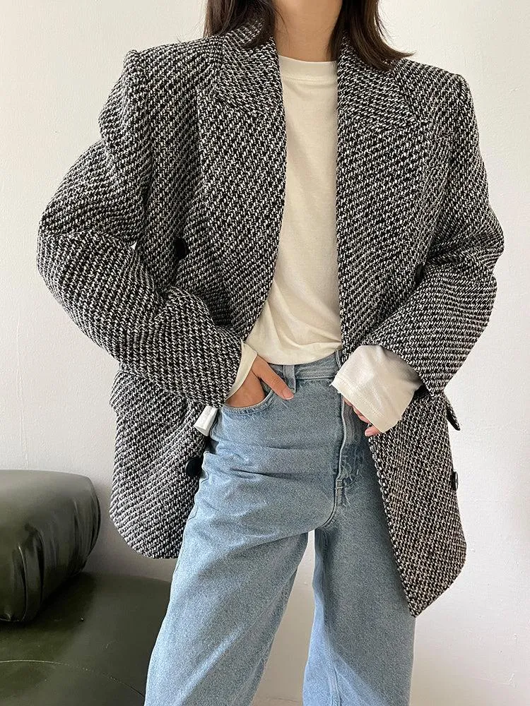 Double Breasted Tweed Wool Blazer Suit Coat