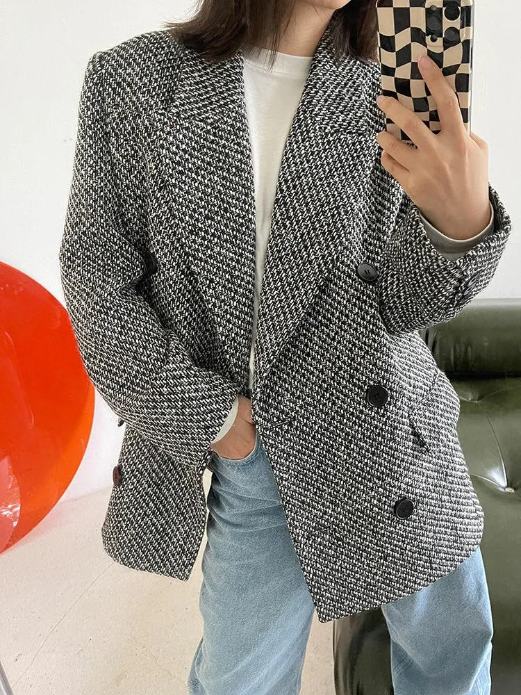 Double Breasted Tweed Wool Blazer Suit Coat