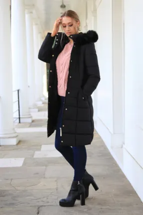 Stylish Double-Layered Black Puffer Coat with Glamorous Belted Design and Extra Long Length