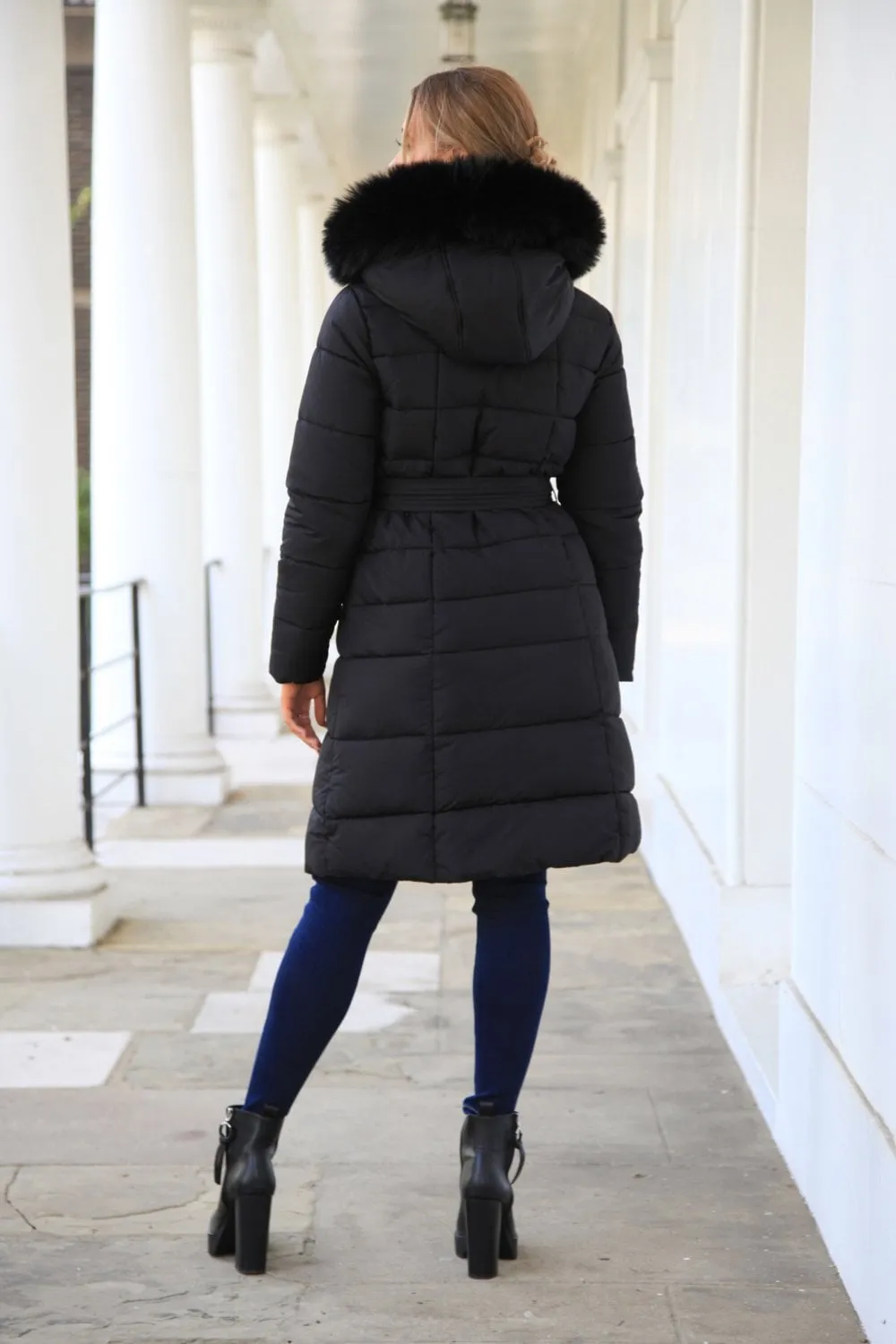 Stylish Double-Layered Black Puffer Coat with Glamorous Belted Design and Extra Long Length