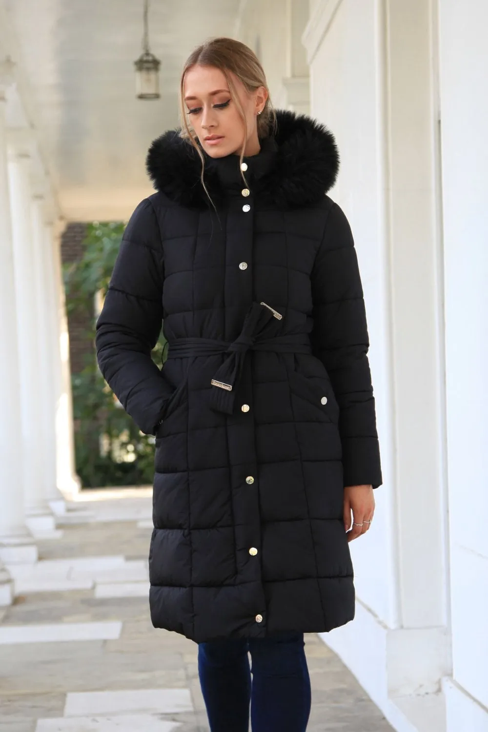 Stylish Double-Layered Black Puffer Coat with Glamorous Belted Design and Extra Long Length