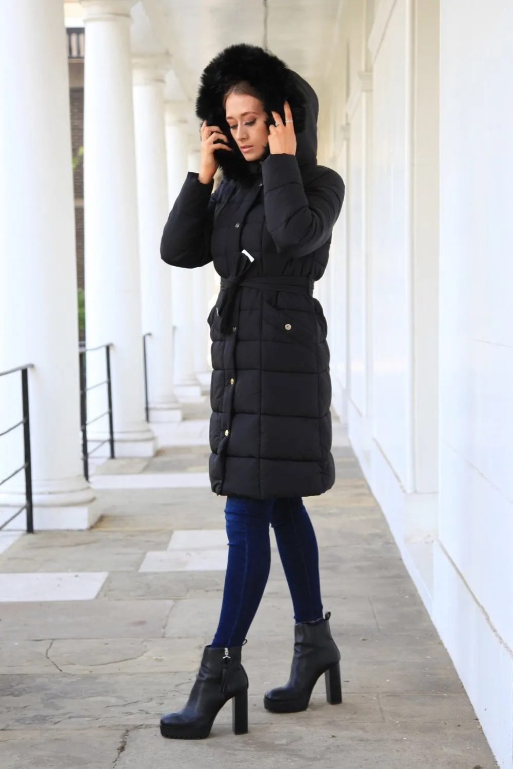 Stylish Double-Layered Black Puffer Coat with Glamorous Belted Design and Extra Long Length